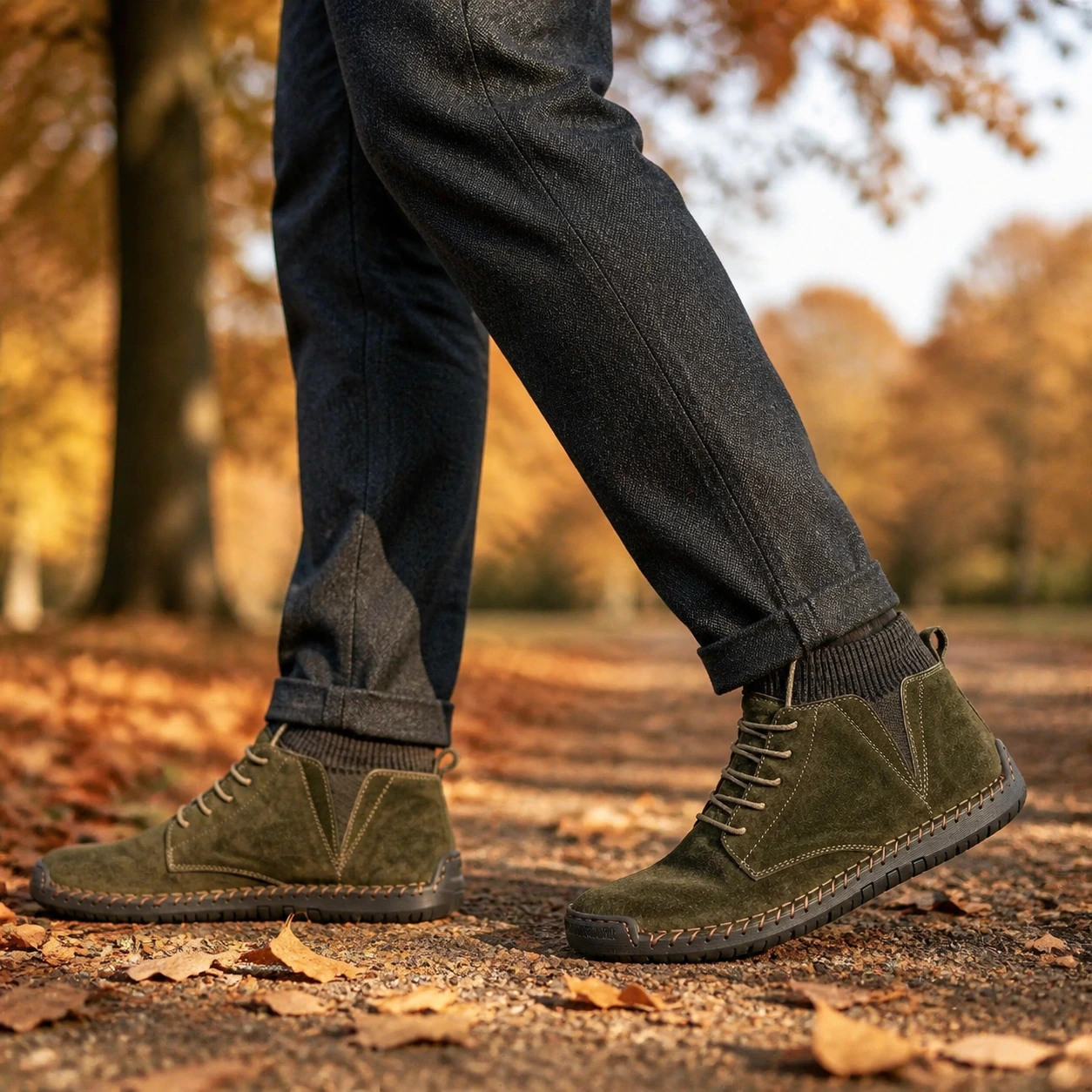 Kellan ankle boots worn during an autumn park walk