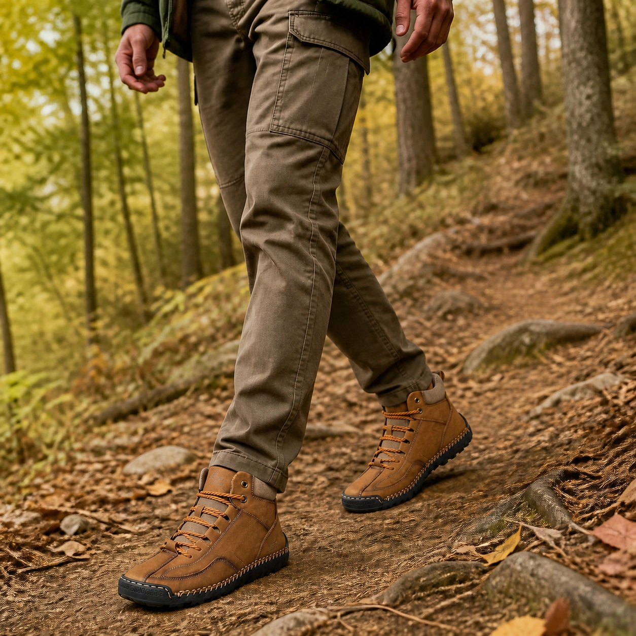 Man wearing brown lace-up hiking boots on a forest trail