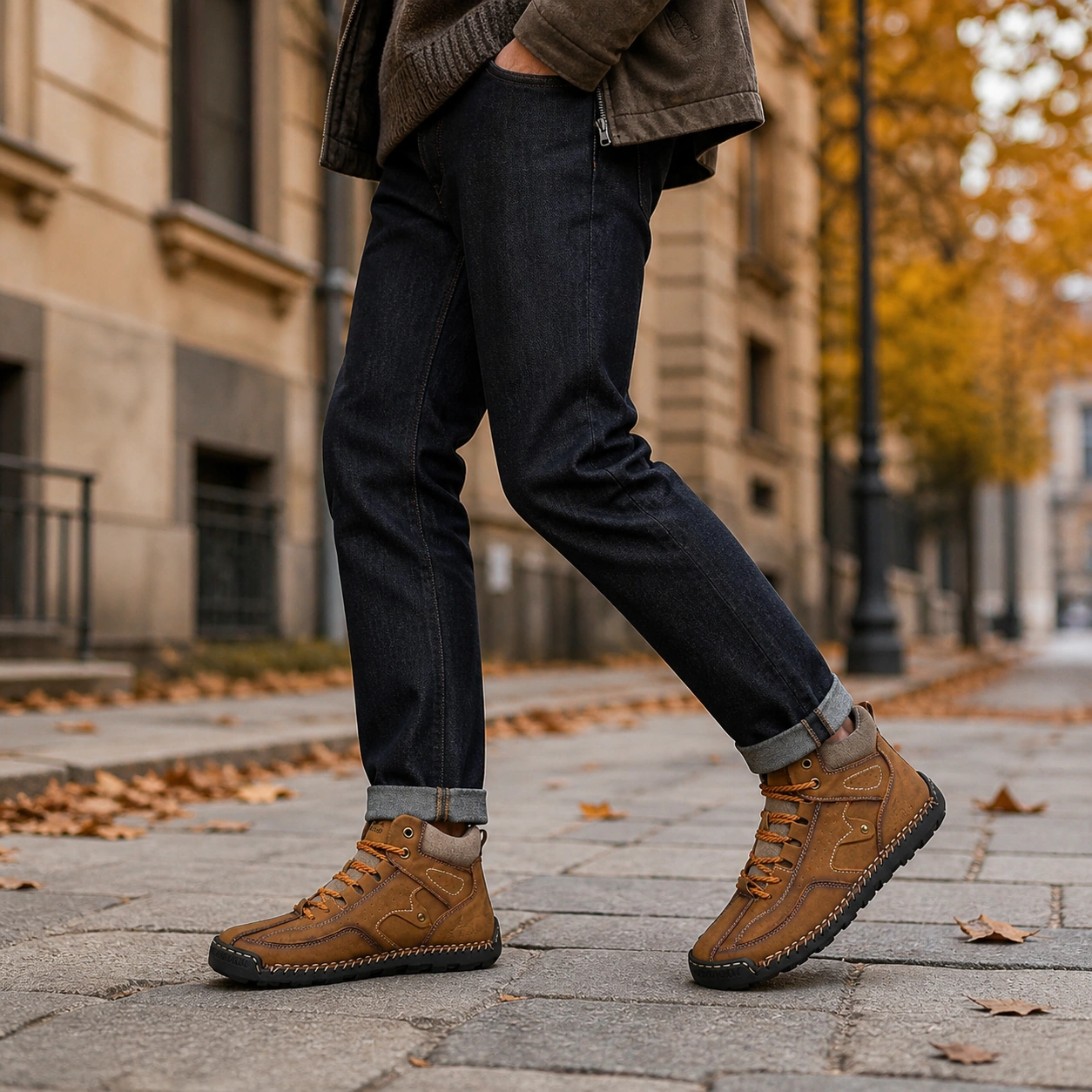 Man styling brown hiking boots on an autumn city street