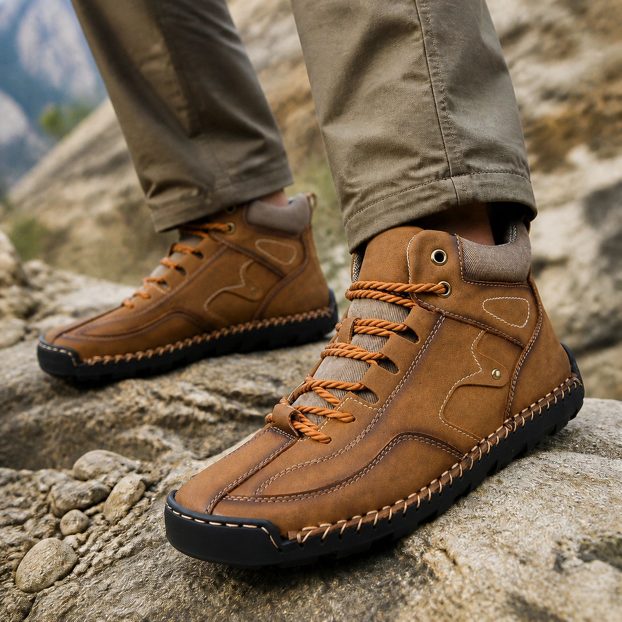 Close-up of brown hiking boots worn on rocky ground