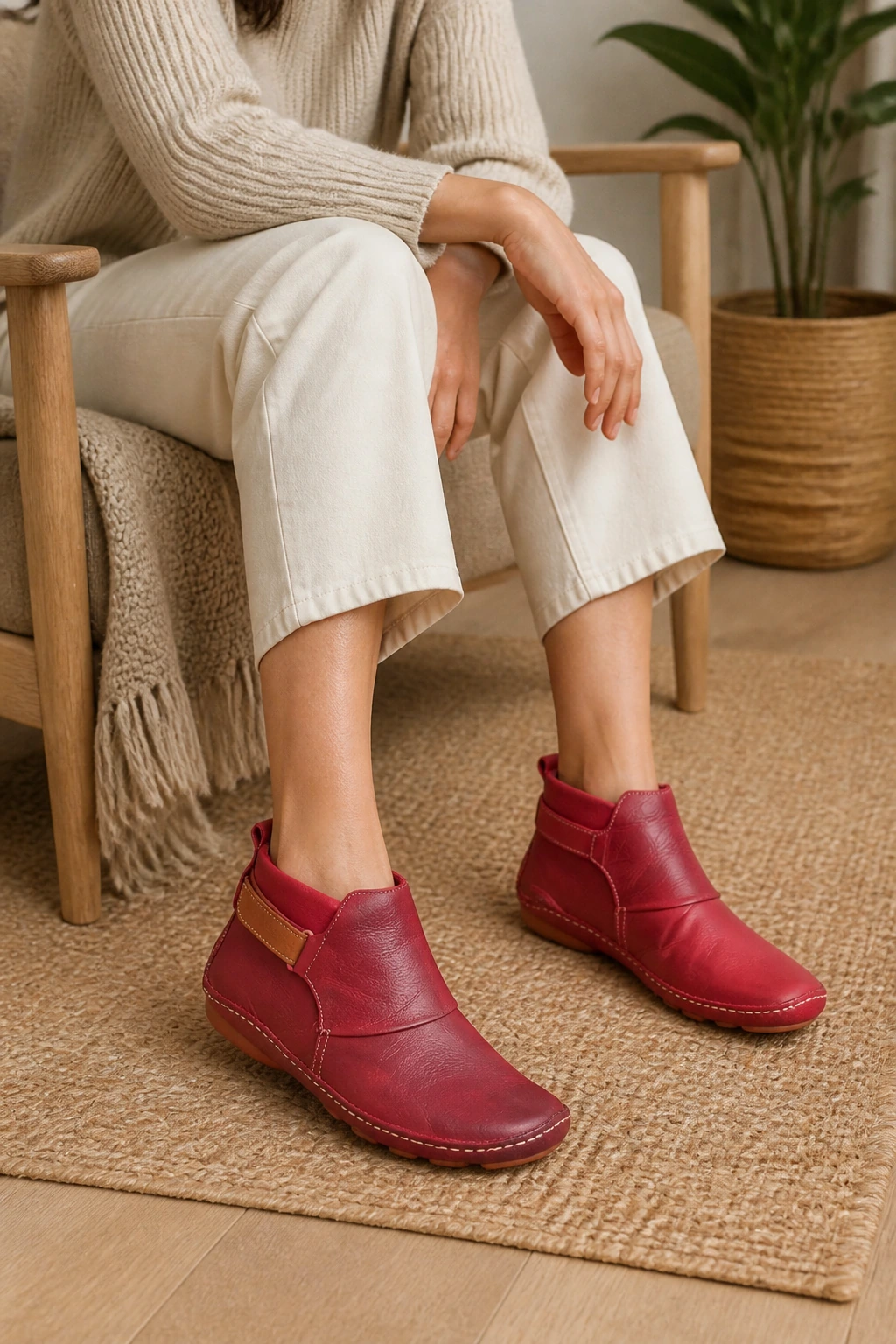 Bottes de cheville à brides ajustables pour femmes montrées dans une deuxième tenue portée par un modèle