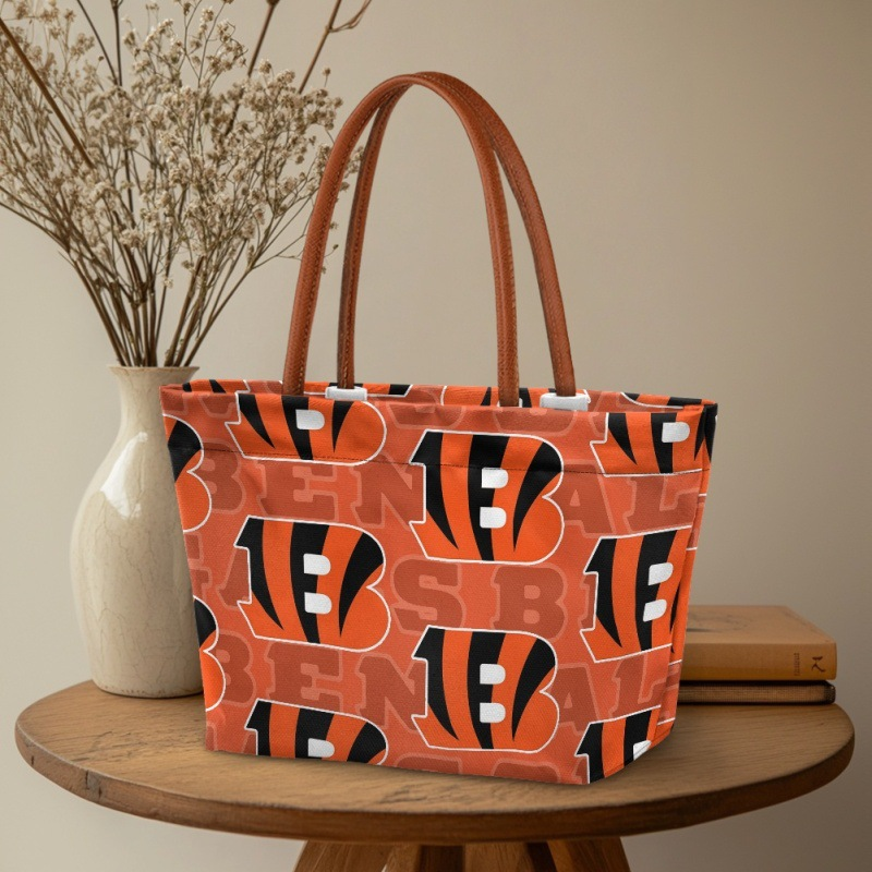 Bengals print tote bag displayed in a warm home setting