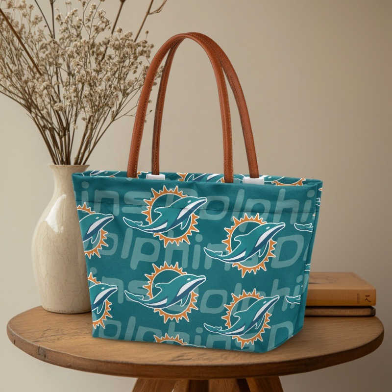 Dolphins print tote bag displayed on a table