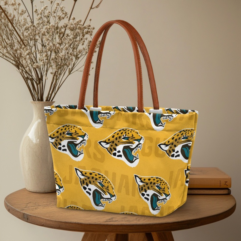 Jaguars print tote bag displayed on a side table