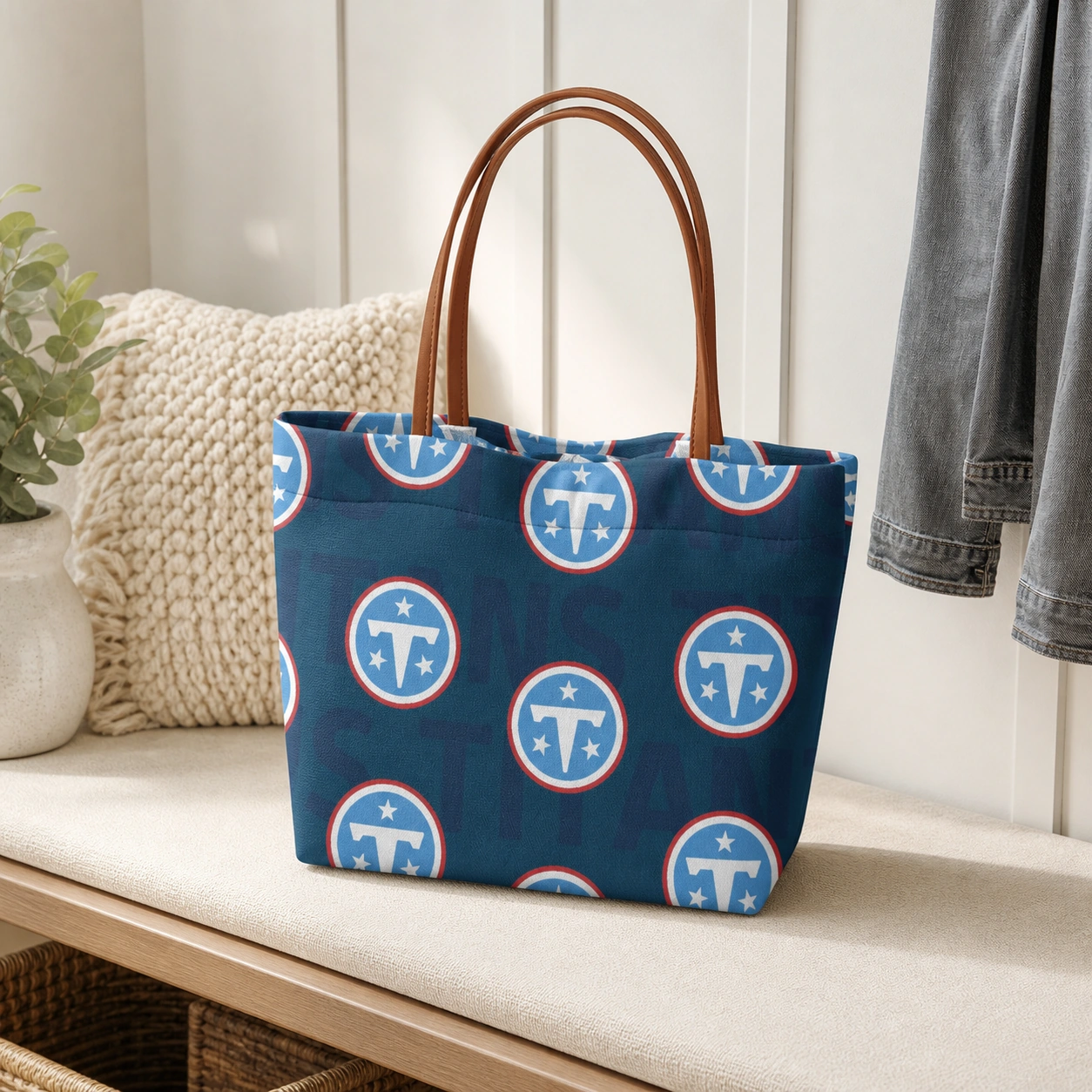 Football team print tote displayed in an entryway