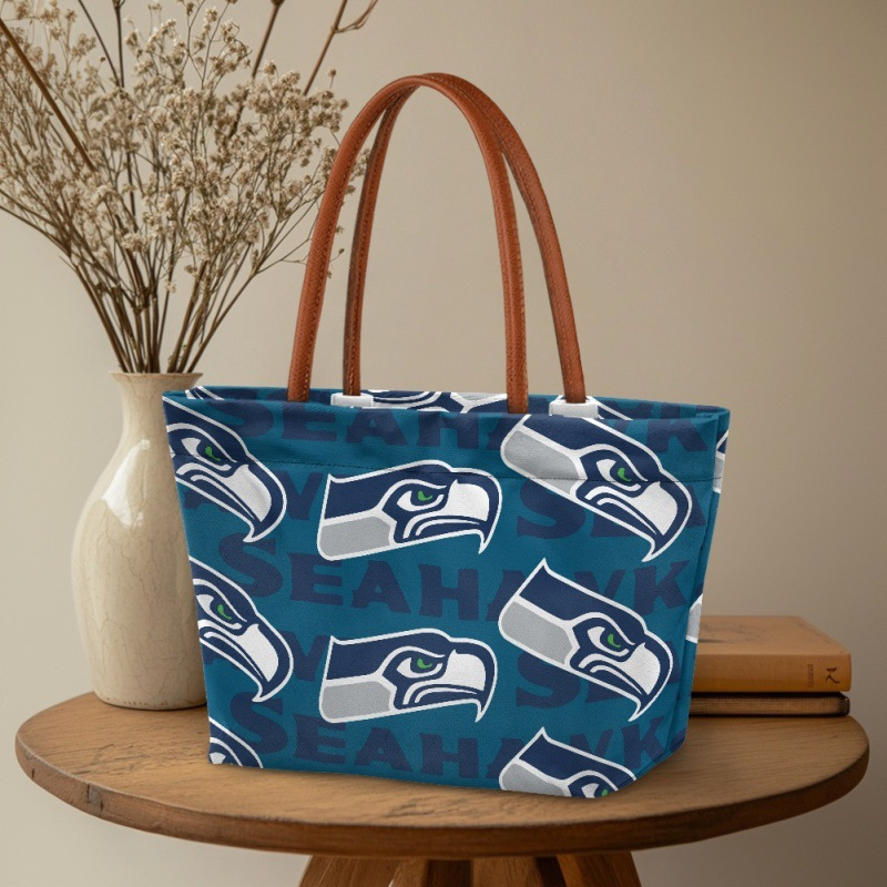 Seahawks print tote bag displayed in a lifestyle setting