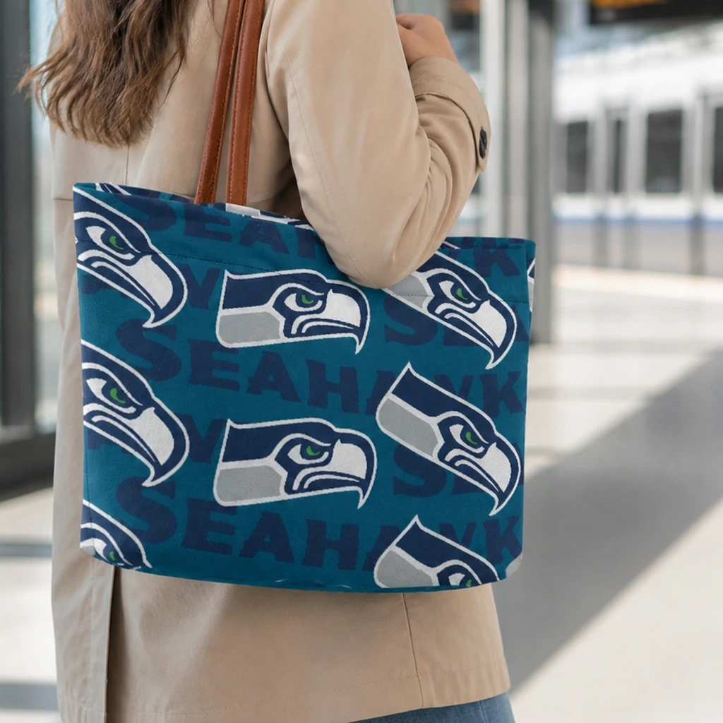 Close commuter view of a football print tote