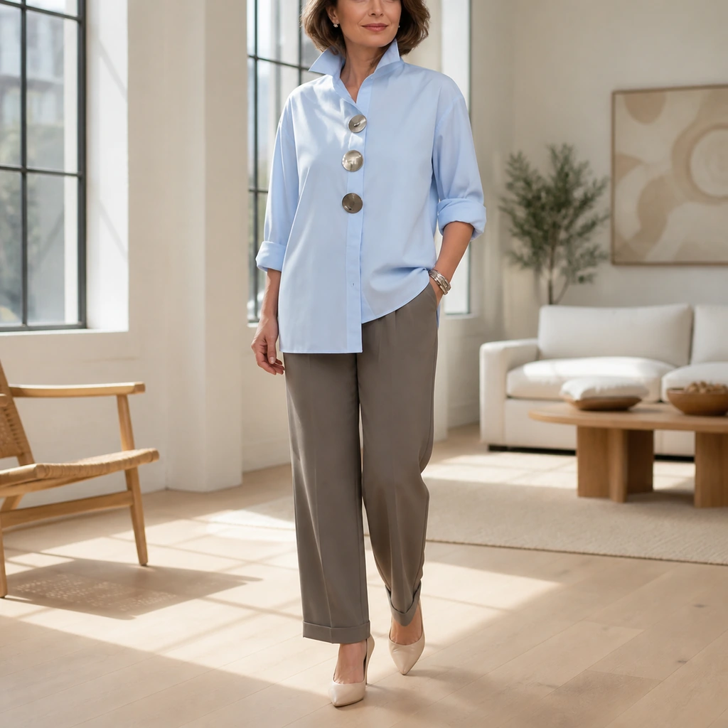 Side view showing the relaxed sleeves and easy fit