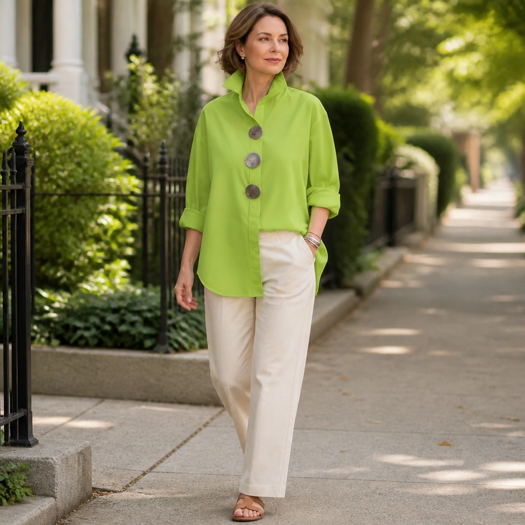 Green blouse shown in a casual setting
