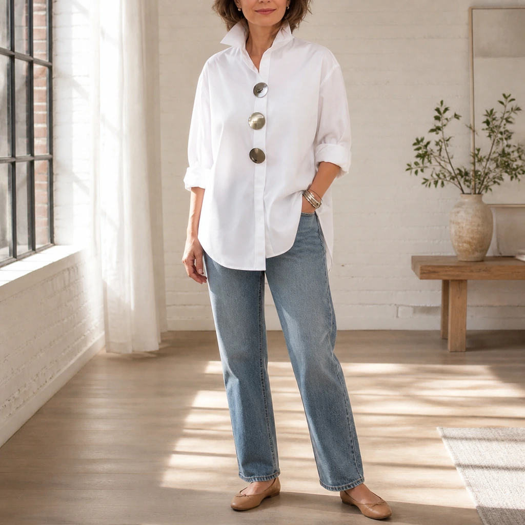 White stand-collar blouse styled with jeans