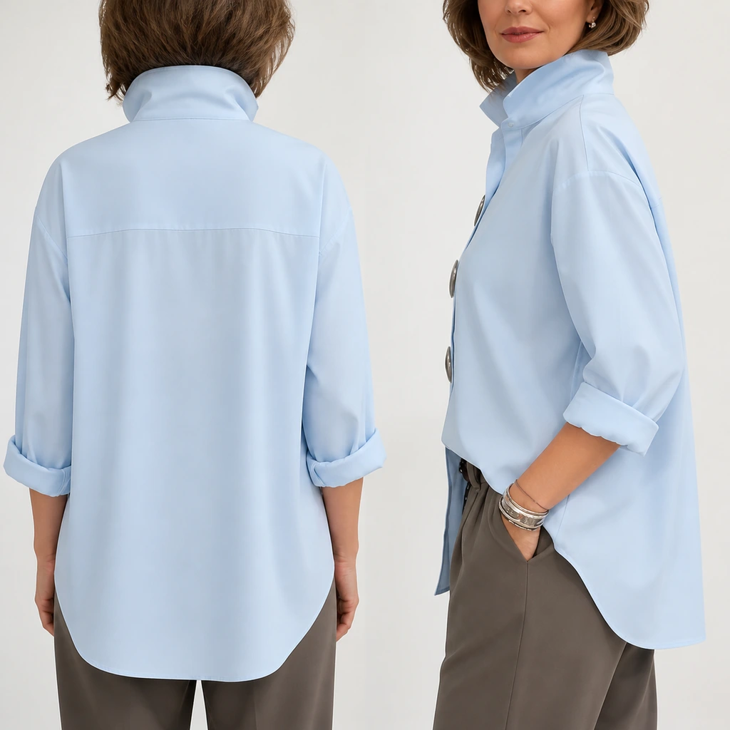 Side fit view of the relaxed blouse