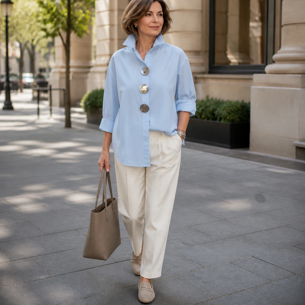 Blue blouse styled for a relaxed travel day