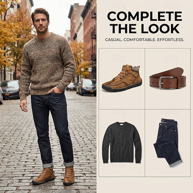 Man wearing brown hiking boots with a casual outfit