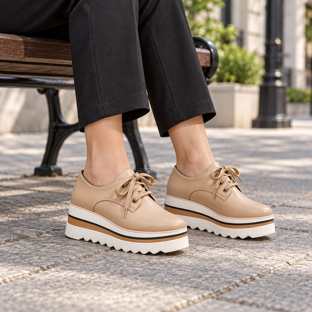 Woman wearing beige Sophia platform oxford shoes