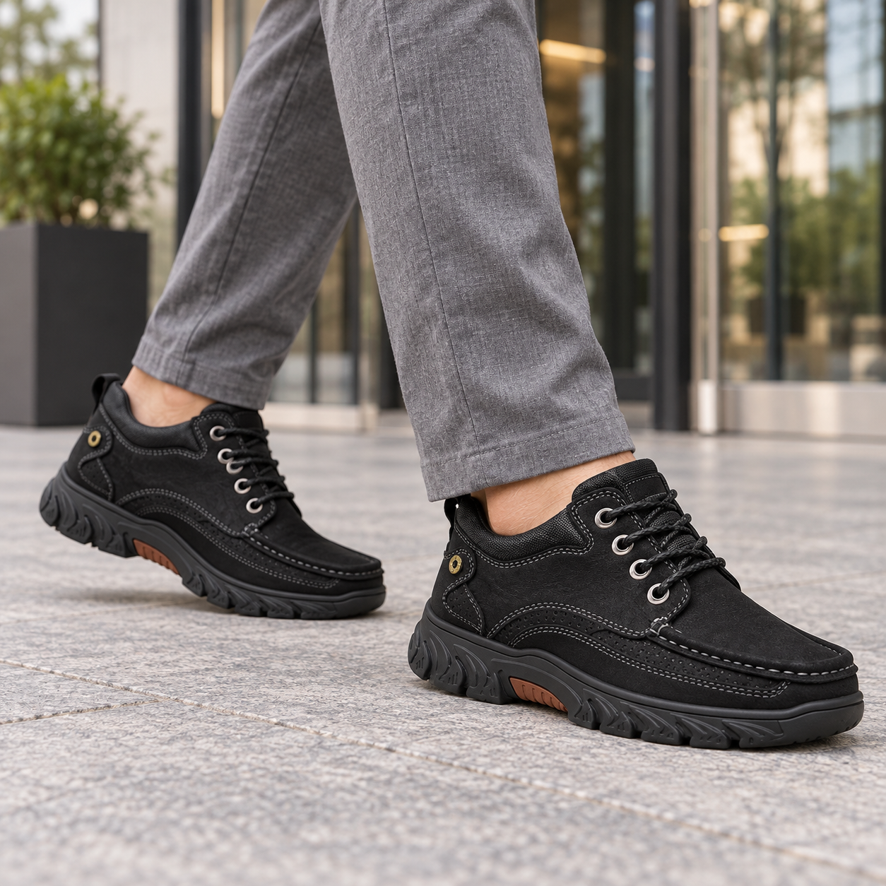 Black moc-toe shoes with gray casual trousers outside an office