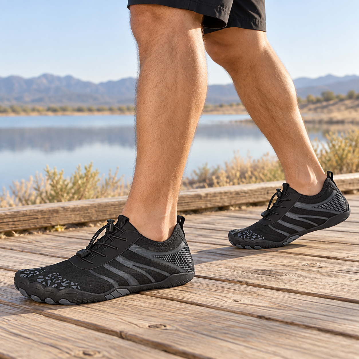 Model wearing black K11 barefoot-style mesh shoes