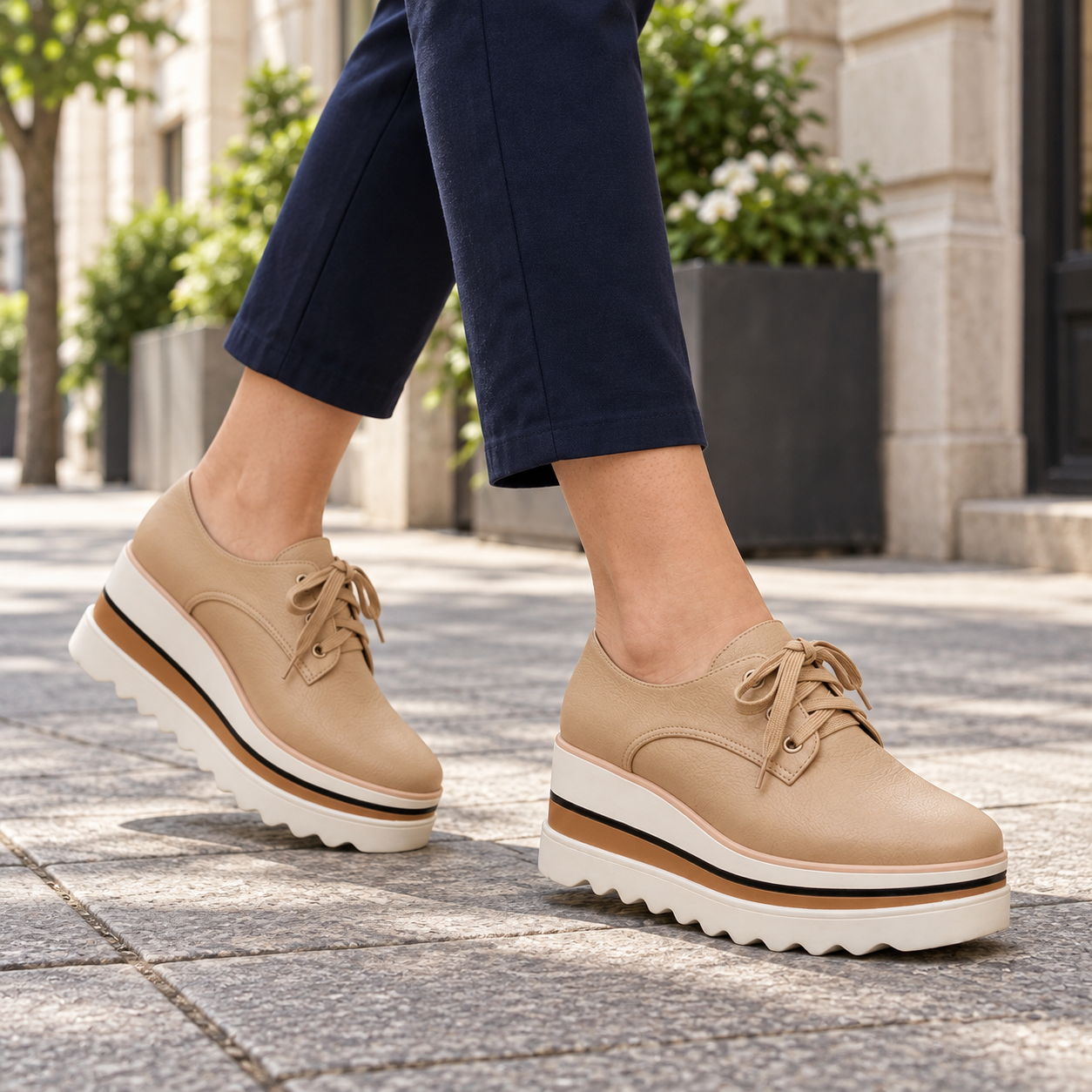 Model wearing Mia low-cut platform lace-up shoes
