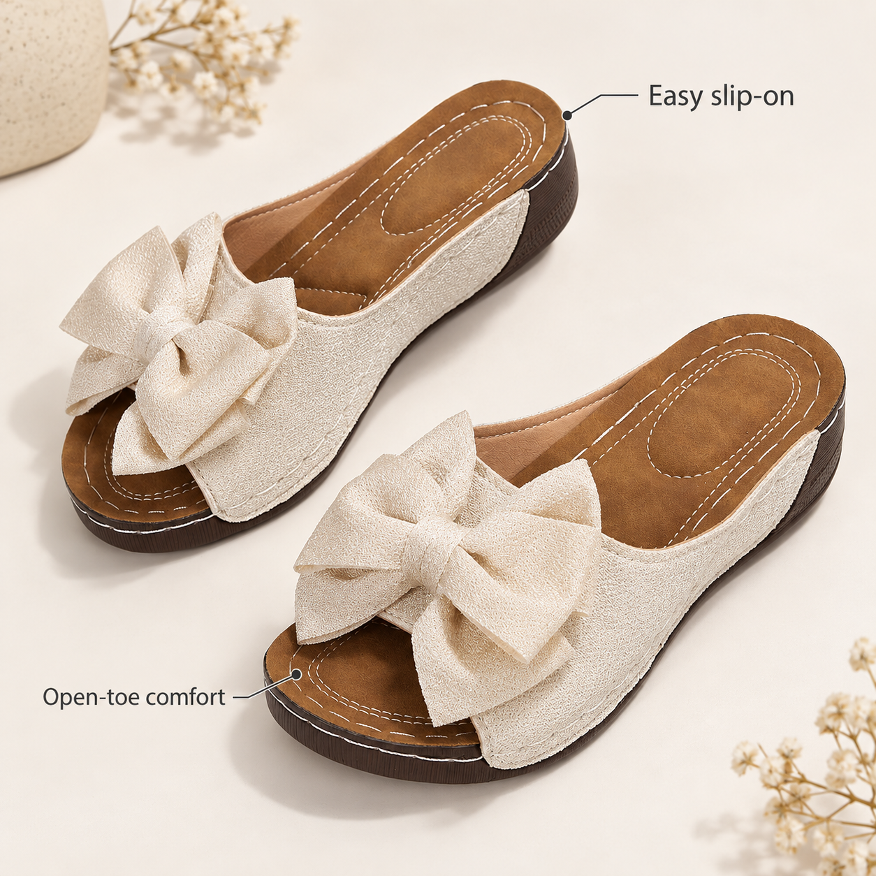 Cream bow slide sandals showing the open back, stitched brown footbed and open toe.