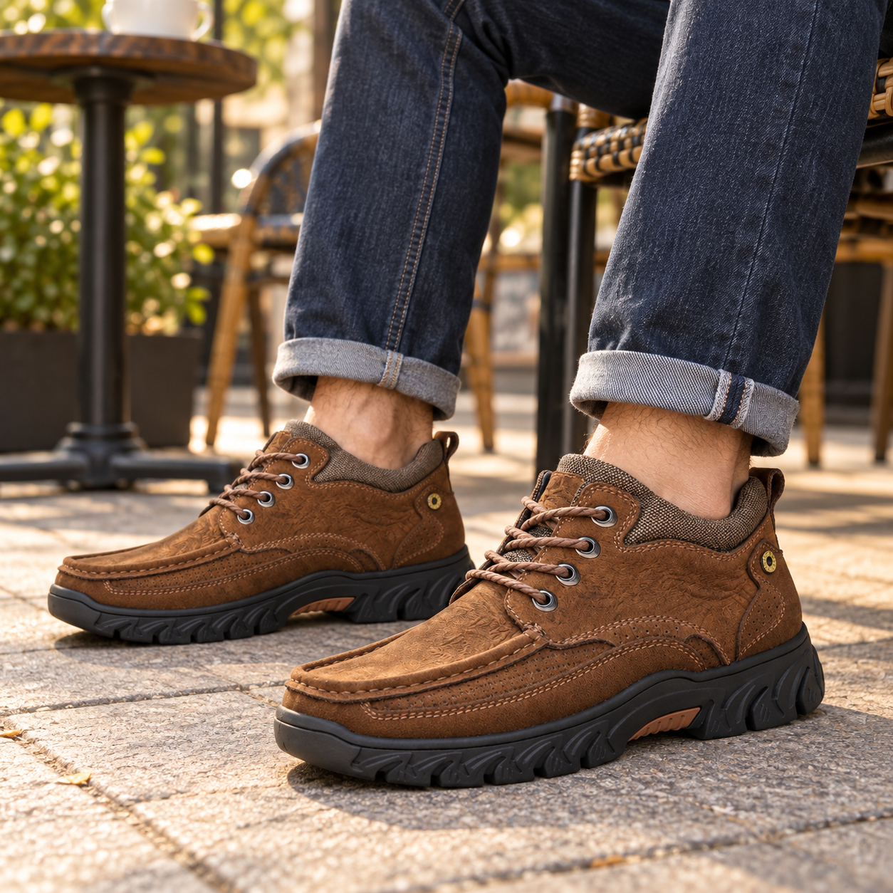 Brown moc-toe shoes worn with cuffed blue jeans at a cafe