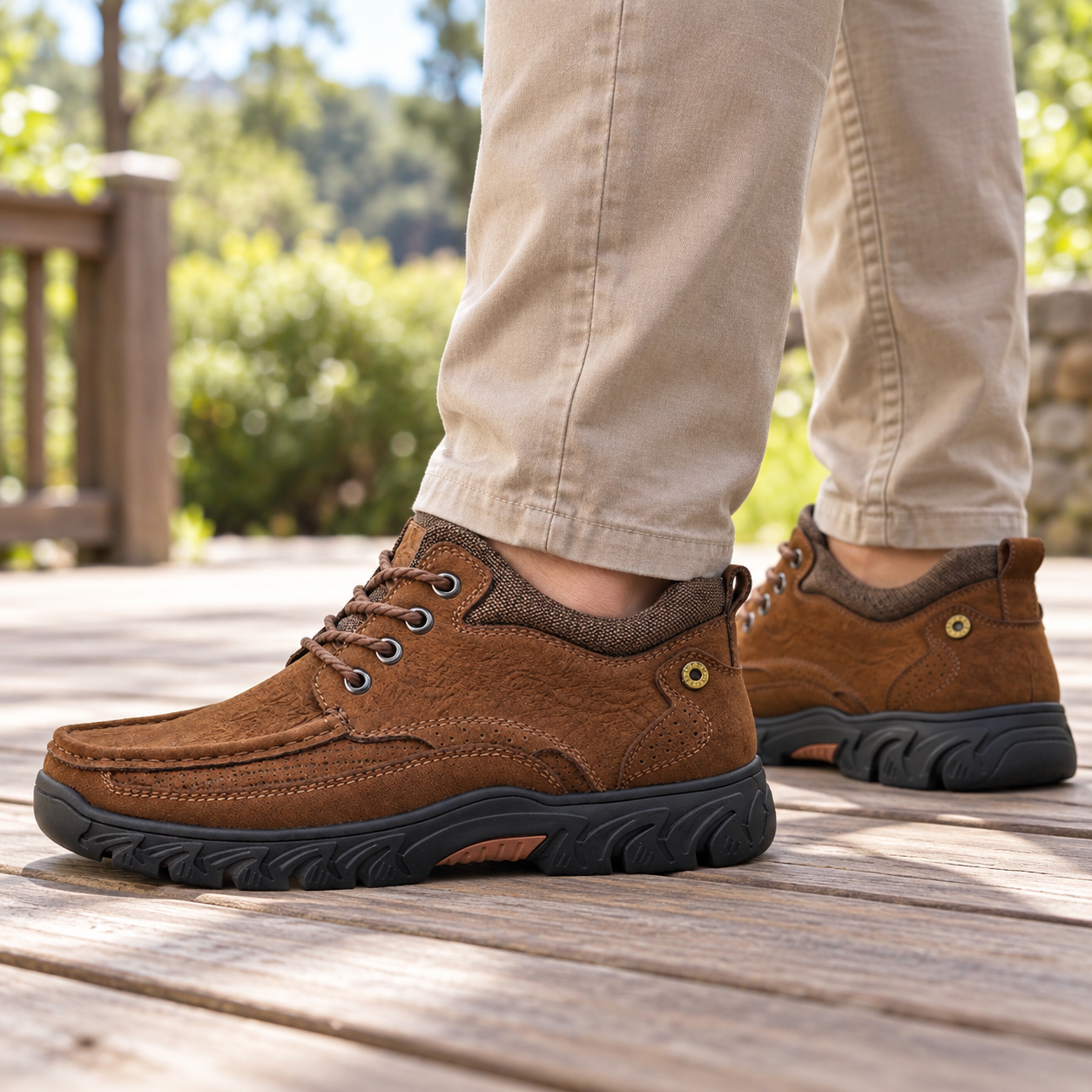 Man in beige trousers wearing brown moc-toe shoes on a wooden deck