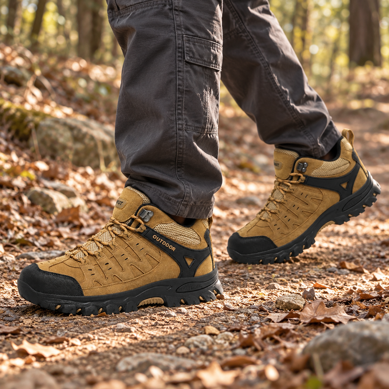 Brown lace-up outdoor shoes with dark gray cargo pants on a dry woodland trail.