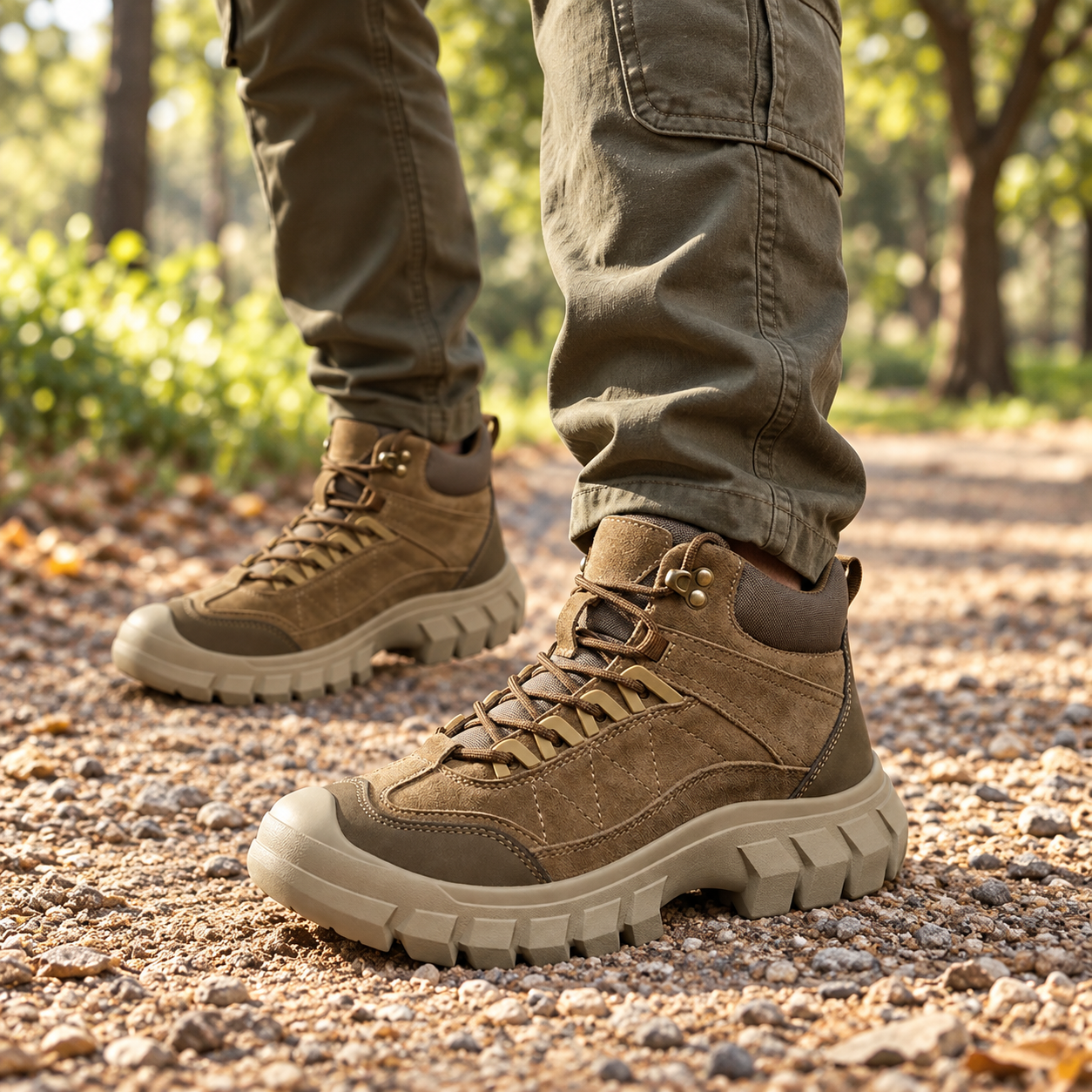 Man wearing khaki high-top boots and olive cargo trousers on a gravel park path