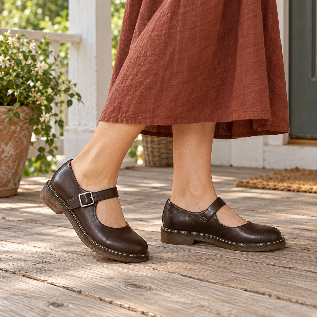 Adult model wearing Nina dark brown buckle-strap Mary Jane shoes