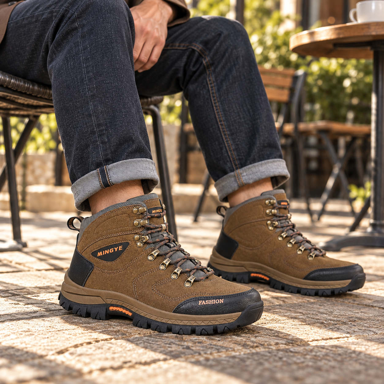 Man wearing brown lace-up ankle boots with dark blue jeans while seated at an outdoor cafe