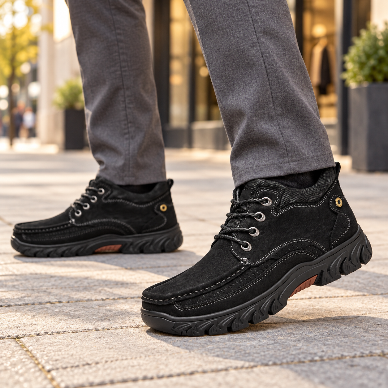 Black moc-toe lace-up shoes with gray trousers on a city sidewalk.