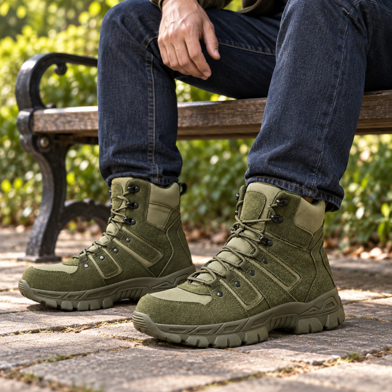 Seated man in dark blue jeans wearing green tactical-style boots at a park bench