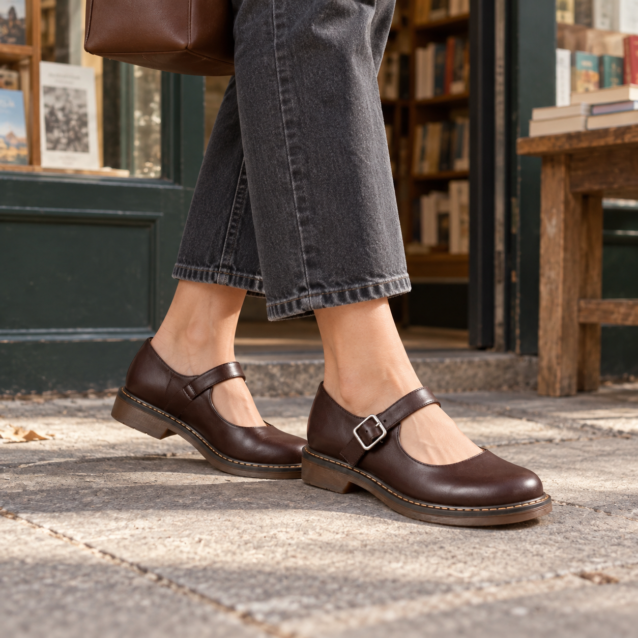 Adult model wearing Nina dark brown buckle-strap Mary Jane shoes