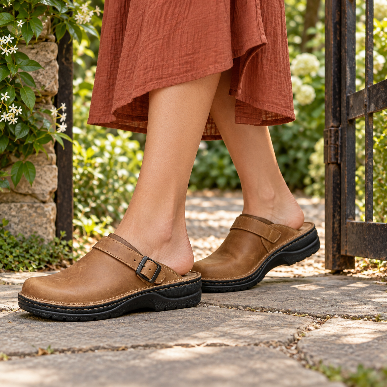 Adult model wearing Olivia brown open-back buckle clogs