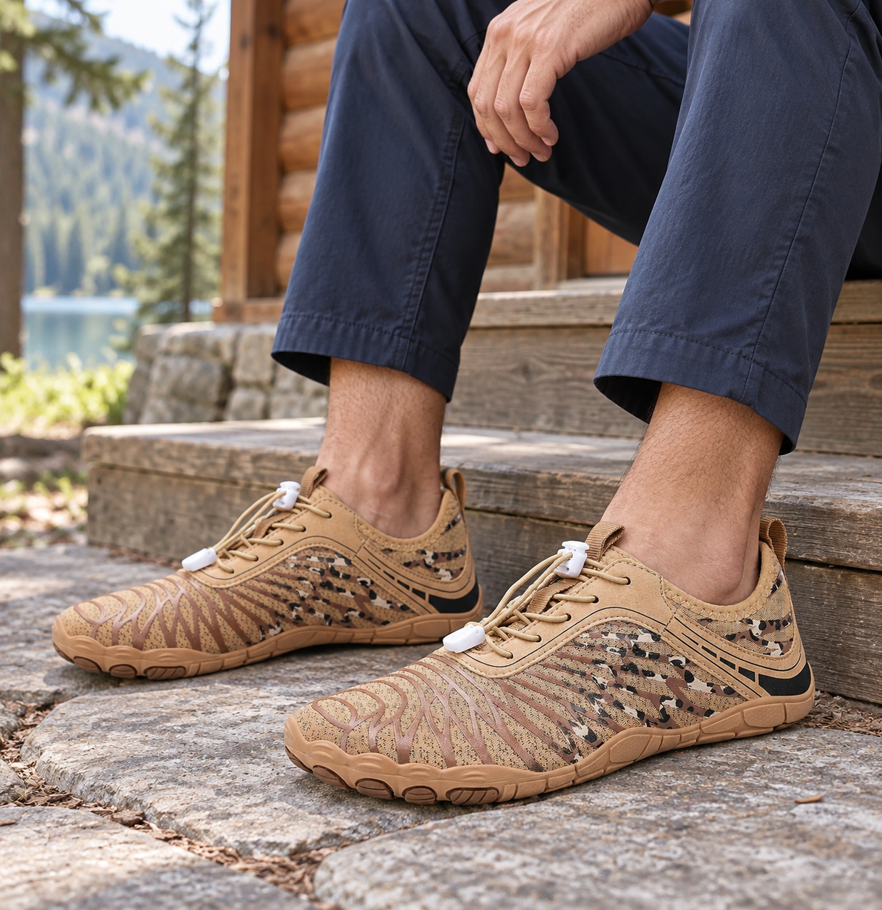 Model wearing tan mesh barefoot-style shoes