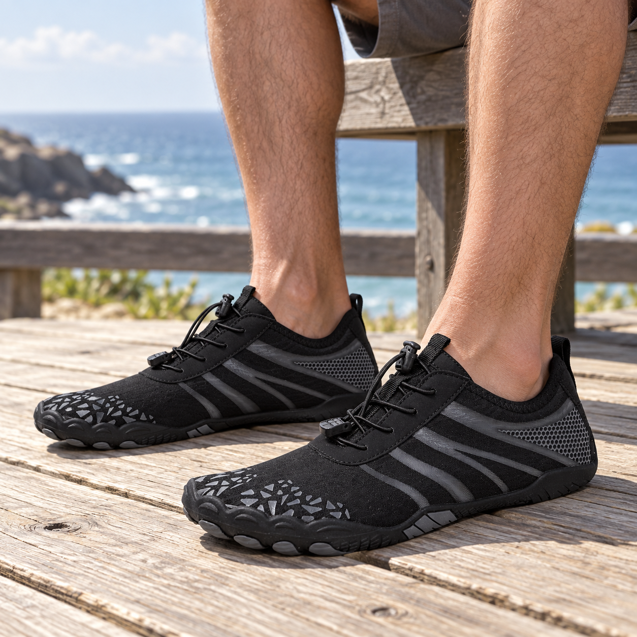 Model wearing black K11 barefoot-style mesh shoes