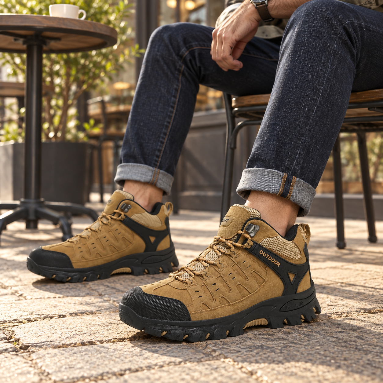 Brown lace-up outdoor shoes with dark denim at a cafe