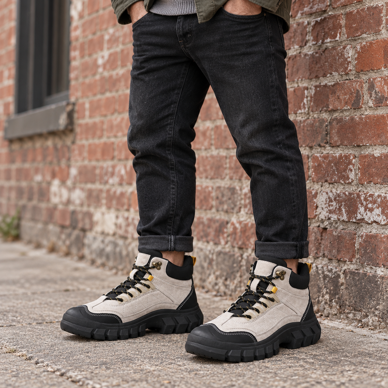 Man in black jeans wearing gray and black high-top boots beside a brick wall