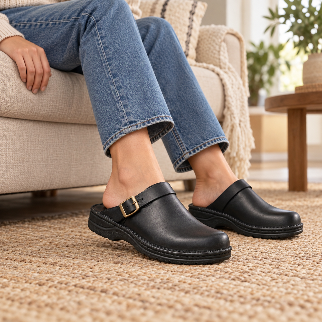 Adult model wearing Olivia black open-back buckle clogs