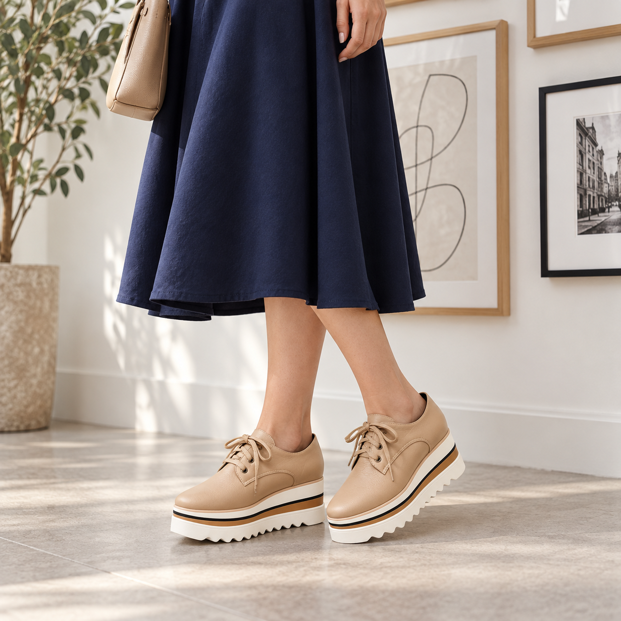 Woman wearing beige Sophia platform oxford shoes