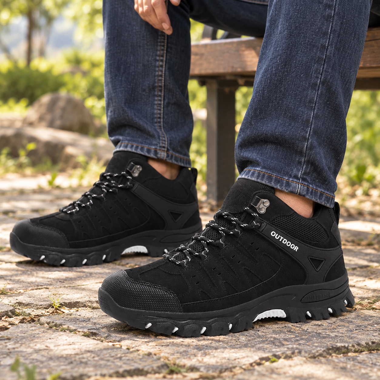 Seated man in dark blue jeans wearing black hiking shoes beside a park bench