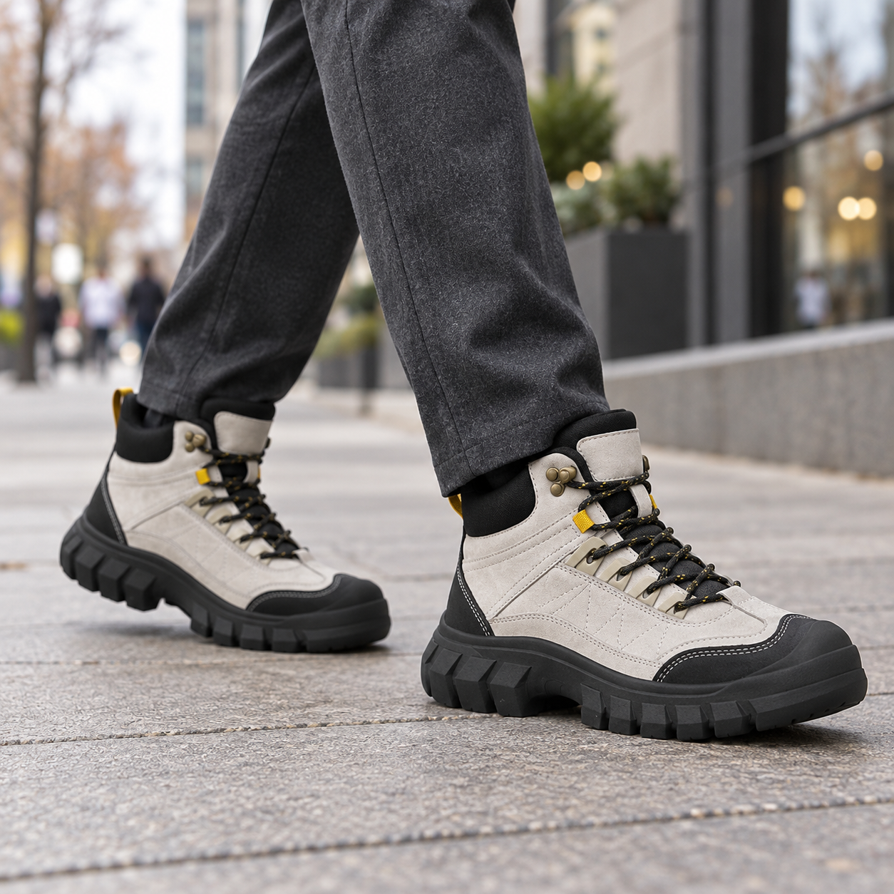 Gray and black lace-up boots styled with charcoal trousers on a city sidewalk