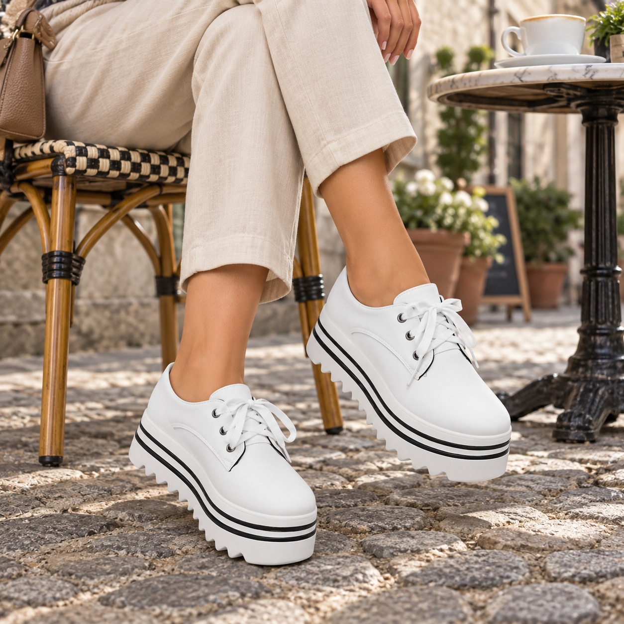 Model wearing Mia low-cut platform lace-up shoes