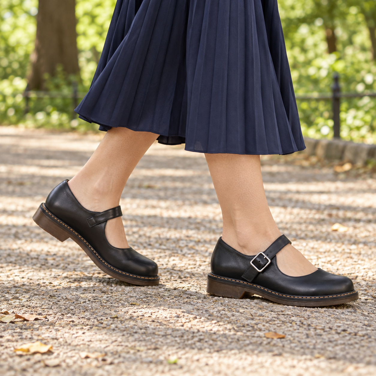 Adult model wearing Nina black buckle-strap Mary Jane shoes