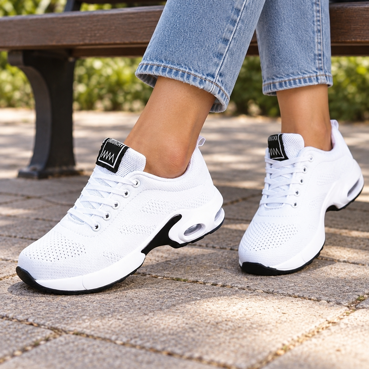 Weekend denim, meet white sneakers. On-foot product styling.