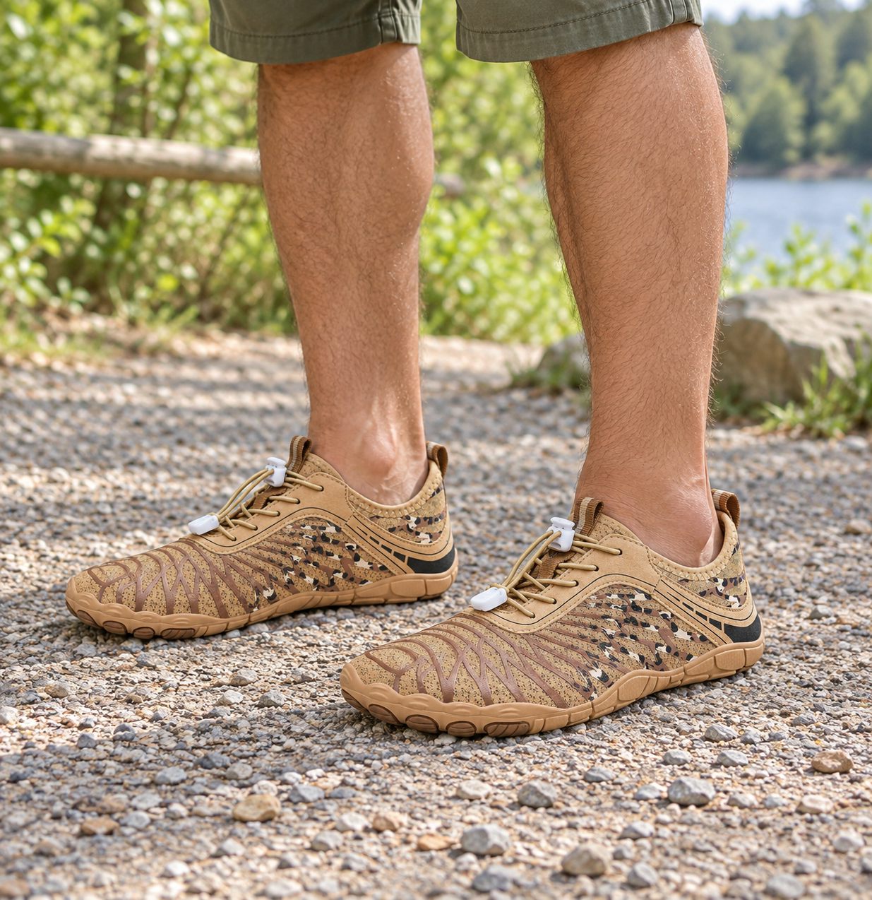 Model wearing tan mesh barefoot-style shoes