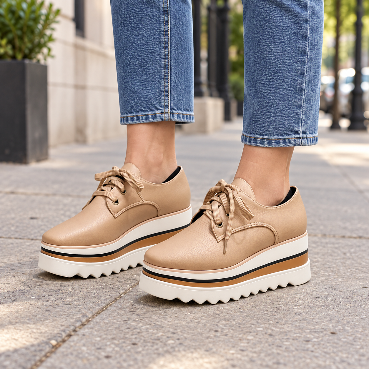 Woman wearing beige Sophia platform oxford shoes