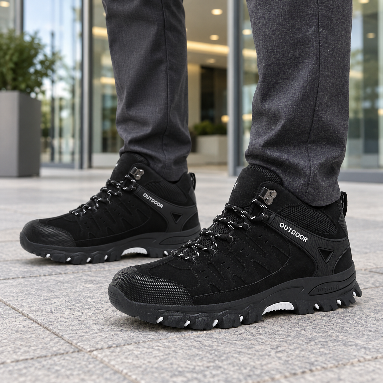 Black outdoor shoes worn with gray trousers outside an office