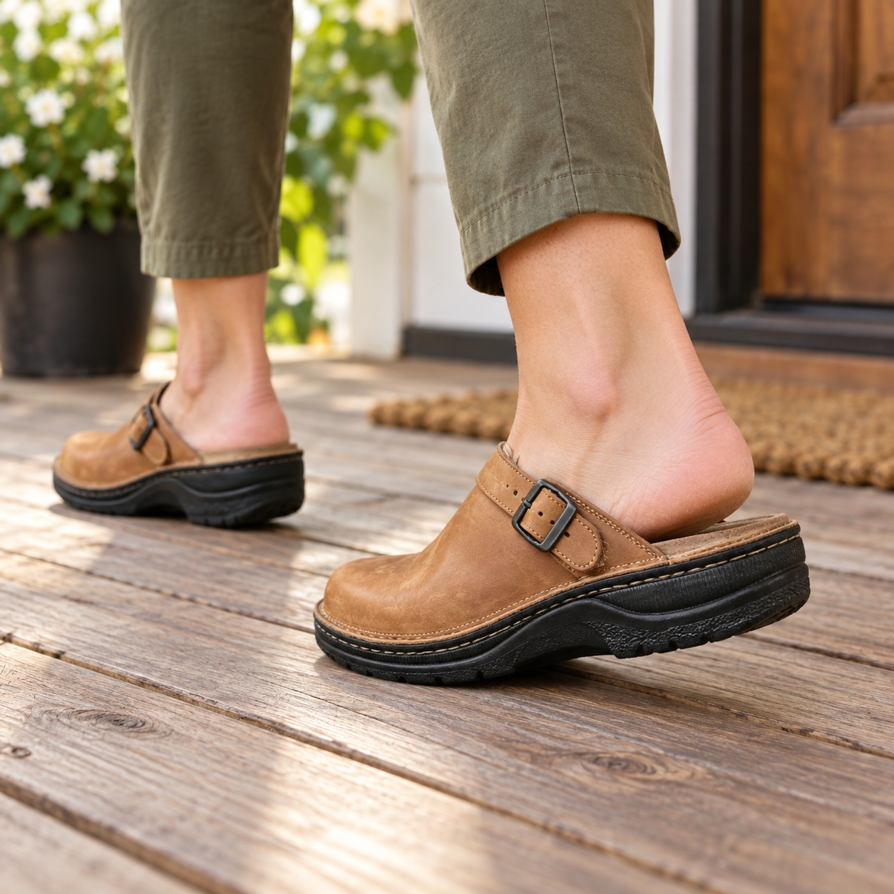 Adult model wearing Olivia brown open-back buckle clogs