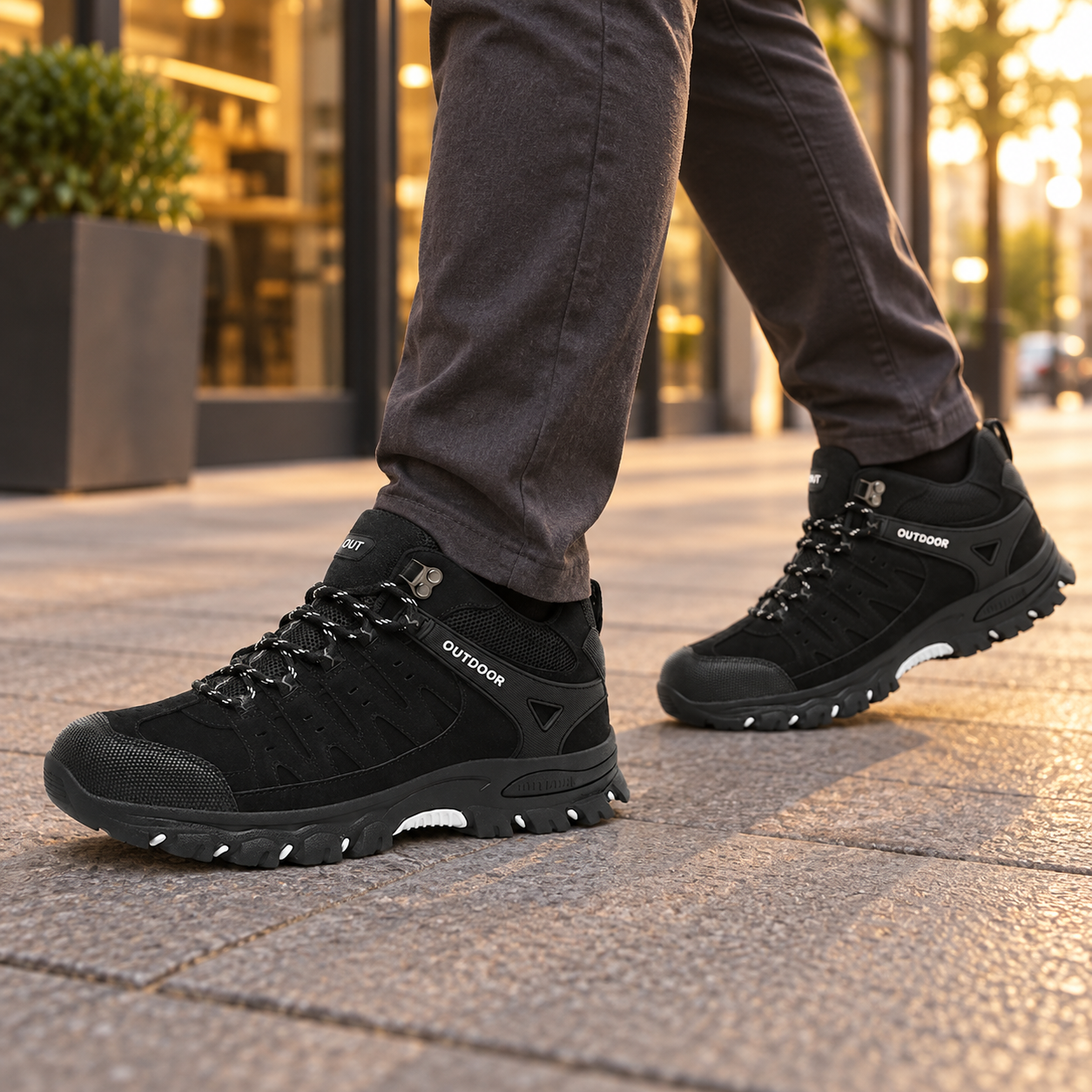 Black lace-up outdoor shoes with charcoal trousers on a city sidewalk.