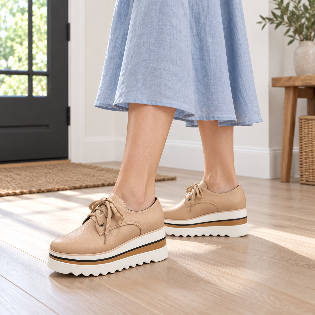 Woman wearing beige Sophia platform oxford shoes