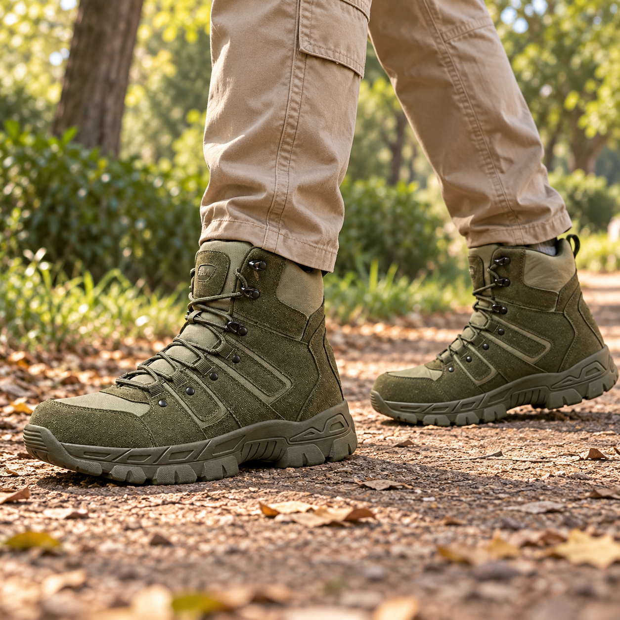 Green tactical-style boots with beige cargo trousers on a dry park path